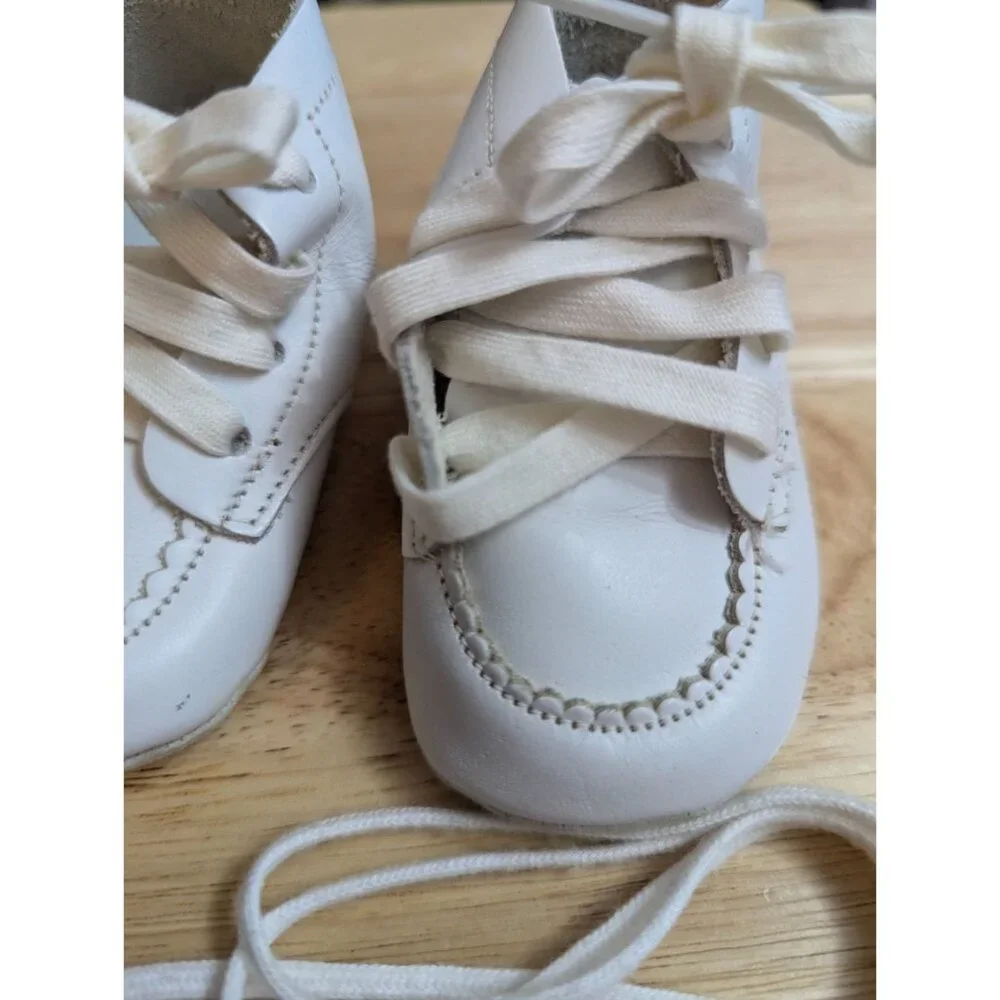 Baby Newborn white soft thin leather‎ shoes 1950's baptism wedding extra laces
